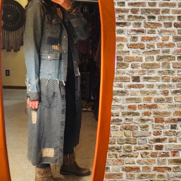 Upcycled patched fringed and frayed denim duster jean jacket - Picture 6 of 16